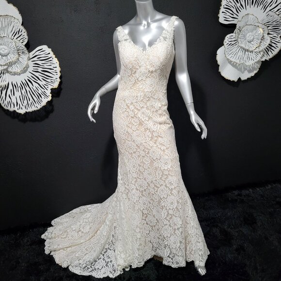 NWT~$1450~ELLA ROSA~10/12~IVORY NUDE FLORAL LACE FIT & FLARE WEDDING DRESS GOWN - Picture 5 of 16